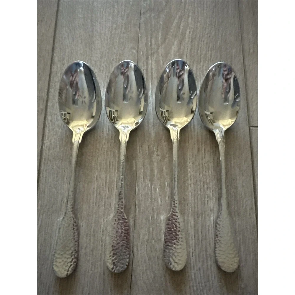 4 RETRONEU ARAGON Hammered 18/8 Stainless‎ Steel Place Soup SPOONS
